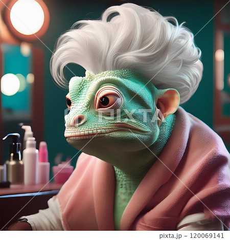 ヘアサロンで髪をカットしてるカメレオンのおばちゃん 120069141