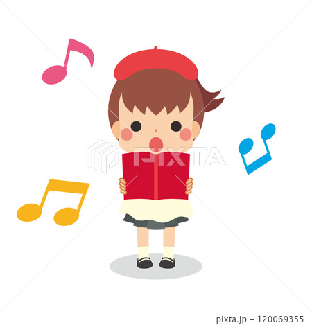 聖歌隊の衣装を着て歌を歌う可愛い小さな女の子のイラスト　ベクター　白背景 120069355