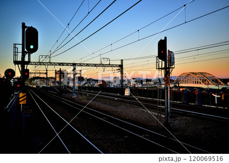 小田急線 和泉多摩川駅ホームから朝焼けのロマンスカーMSEの風景 小田急線 和泉多摩川駅ホームから朝焼けのロマンスカーMSEの風景 120069516