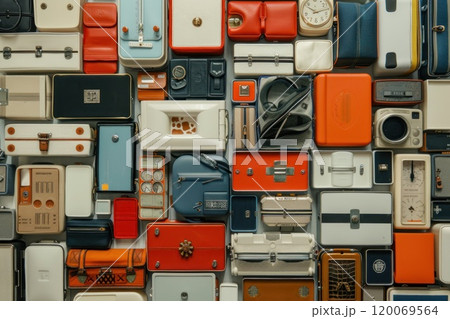 A colorful and eclectic collection of vintage and antique boxes, cases, and containers arranged in a grid pattern. A colorful and eclectic collection of vintage and antique boxes, cases, and containers arranged in a grid pattern. 120069564