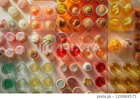 An overhead view of a variety of colorful candles, arranged in a grid. 120069575