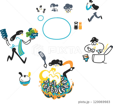 大きいフライパンで大量のギョーザを焼く主婦と食事の支度に忙しい家族　セットのストックイラスト素材 120069983