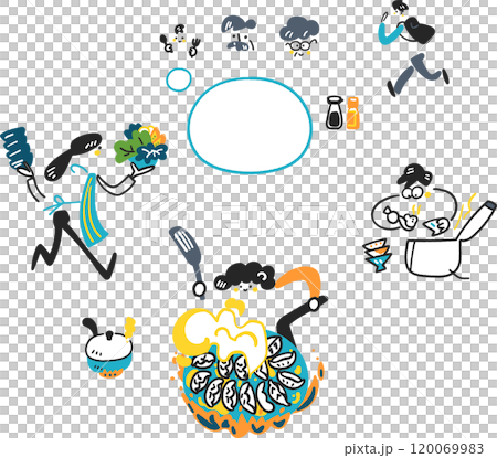 大きいフライパンで大量のギョーザを焼く主婦と食事の支度に忙しい家族　セットのストックイラスト素材 120069983