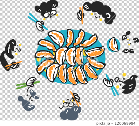 家庭餐桌周圍一大盤餃子庫存插圖素材 120069984