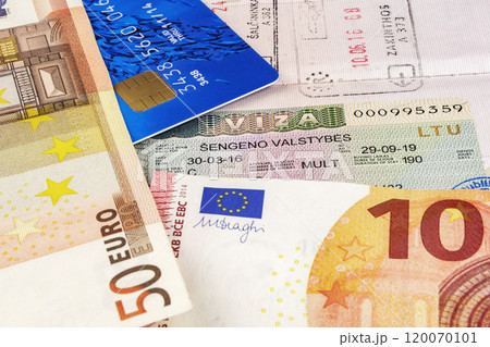 Schengen visa in your passport, bank card and money banknotes 120070101