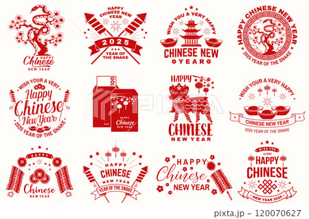 Happy Chinese 2025 New Year design in retro style. Chinese New Year of snake felicitation classic postcard. Chinese sign year of snake greeting card. Banner for website template. Vector illustration. 120070627