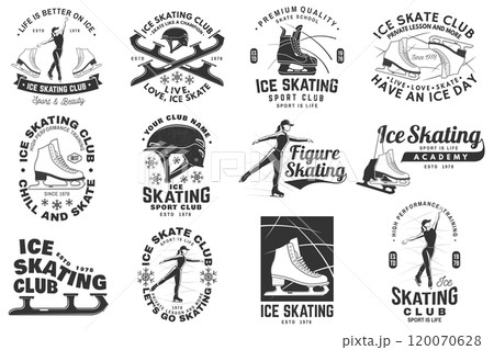 Set of Ice Skate club, academy logo, badge design. Concept for shirt or logo, print, stamp or tee with skate, skates blades and helmet . Winter sport. Vector illustration. 120070628