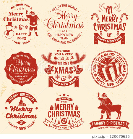 Set of Merry Christmas and 2025 Happy New Year stamp, sticker Set quotes with snowflakes, snowman, santa claus, candy, sweet candy, cookies. Vector. Vintage typography design for xmas, new year emblem Set of Merry Christmas and 2025 Happy New Year stamp, sticker Set quotes with snowflakes, snowman, santa claus, candy, sweet candy, cookies. Vector. Vintage typography design for xmas, new year emblem 120070636