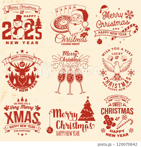 Set of Lucky Christmas casino night. Vintage print, logo, badge design with santa claus, casino dice, snowman, poker playing card, slot machines and sweet candy cane. Vector illustration. Set of Lucky Christmas casino night. Vintage print, logo, badge design with santa claus, casino dice, snowman, poker playing card, slot machines and sweet candy cane. Vector illustration. 120070642