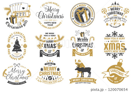 Set of Merry Christmas and 2025 Happy New Year stamp, sticker Set quotes with snowflakes, snowman, santa claus, candy, sweet candy, cookies. Vector. Vintage typography design for xmas, new year emblem 120070654