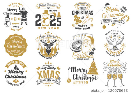 Set of Lucky Christmas casino night. Vintage print, logo, badge design with santa claus, casino dice, snowman, poker playing card, slot machines and sweet candy cane. Vector illustration. 120070658