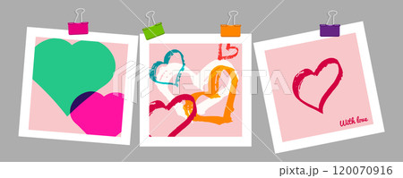 Valentines Day mockup scrapbook on gray wall. For flyer store social media banner in pink tones. Delicate Design. Vector illustration. 120070916