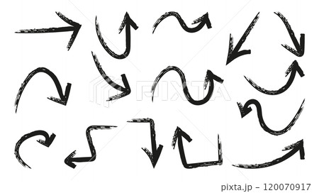 Arrows drawn with brushes for infographic design. Straight curved circular multidirectional. Graphic element used in different projects. Vector illustration. 120070917