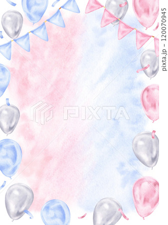 Watercolor gender reveal card with pastel pink and blue accents. Features festive balloons and garlands. Perfect for invitations or announcements with plenty of copy space for personalized details Watercolor gender reveal card with pastel pink and blue accents. Features festive balloons and garlands. Perfect for invitations or announcements with plenty of copy space for personalized details 120070945
