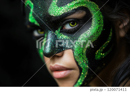Mystical woman with metallic green face paint and intense gaze, AI Generative 120071411