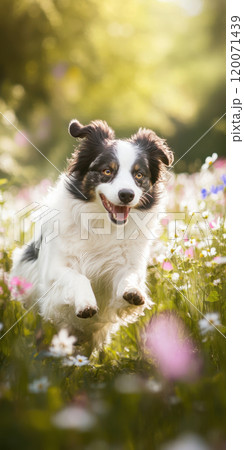 Joyful Border Collie Frolicking Through a Sunlit Flower Meadow, AI Generative 120071439