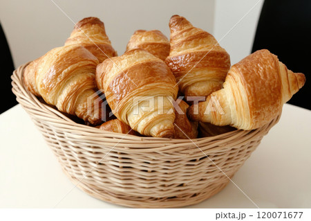 Basket of fresh croissants on a light table, AI Generative Basket of fresh croissants on a light table, AI Generative 120071677