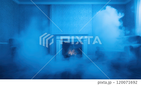 Mysterious blue room with smoke and fireplace creating an eerie atmosphere, AI Generative Mysterious blue room with smoke and fireplace creating an eerie atmosphere, AI Generative 120071692