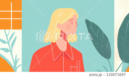 Illustrated woman in red shirt with plant backdrop in pastel tones, AI Generative 120071697