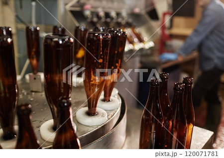 Process of washing and pasteurizing of brown glass bottles for craft cider or beer production at factory, copy space 120071781