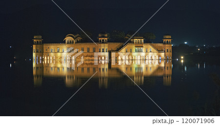 Jaipur, Rajasthan, India. Jal Mahal Or Water Palace In Night Illumination. Palace Inmiddle Of Man Sagar Lake. Was Originally Constructed Around 1699. Jal Mahal Palace Is Architectural Showcase Of Jaipur, Rajasthan, India. Jal Mahal Or Water Palace In Night Illumination. Palace Inmiddle Of Man Sagar Lake. Was Originally Constructed Around 1699. Jal Mahal Palace Is Architectural Showcase Of 120071906