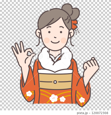 A woman in a furisode giving an OK sign 120072308