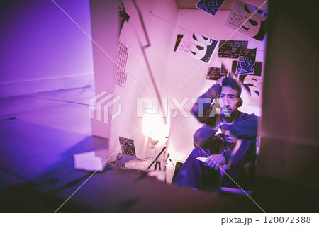 Home, mental health and man with glass, depression and schizophrenia disorder with neon light. Anxiety, stress and person in bedroom with trauma, reflection or sick artist with broken mirror at night Home, mental health and man with glass, depression and schizophrenia disorder with neon light. Anxiety, stress and person in bedroom with trauma, reflection or sick artist with broken mirror at night 120072388