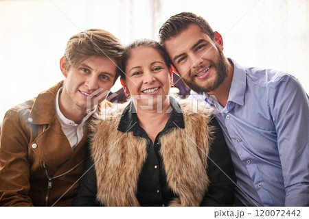 Gay couple, man and smile with mother in home on portrait for love, support and care in France. People, parent and happy or satisfied on hug in confidence with bonding, queer romance and pride 120072442