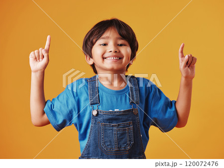 Japanese kid, boy and pointing in studio background for fashion with fun, outfit and swag in Japan. Male person, child and smile or happy on portrait in confidence with trendy clothes and style Japanese kid, boy and pointing in studio background for fashion with fun, outfit and swag in Japan. Male person, child and smile or happy on portrait in confidence with trendy clothes and style 120072476