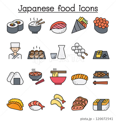 Japanese food icon set in color line style Japanese food icon set in color line style 120072541