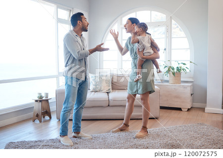Frustrated couple, argument and fighting with baby for breakup, divorce or disagreement in living room dispute. Upset, man and woman with child in toxic relationship or conflict for affair at home Frustrated couple, argument and fighting with baby for breakup, divorce or disagreement in living room dispute. Upset, man and woman with child in toxic relationship or conflict for affair at home 120072575