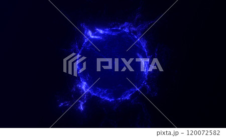 Abstract energetic glowing orb with plasma particles on dark background. Futuristic magical dynamic fractal flowing Blue fire. Virtual assistant illustration for social media or business 120072582