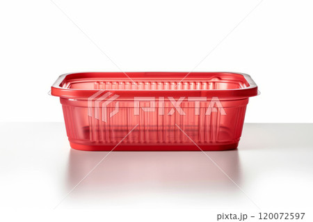 Empty plastic food box isolated on white background. Transparent plastic box. 120072597