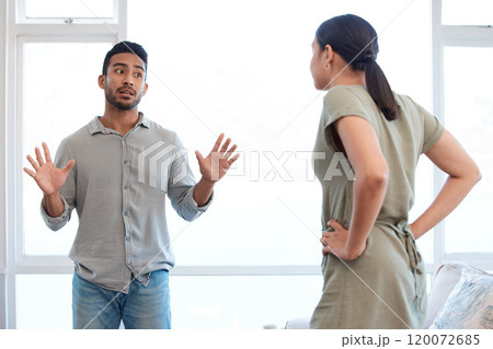 Frustrated couple, disagreement and fight with conflict for cheating affair, argument or accusation at home. Upset, man and woman in toxic relationship or dispute for breakup, divorce or separation Frustrated couple, disagreement and fight with conflict for cheating affair, argument or accusation at home. Upset, man and woman in toxic relationship or dispute for breakup, divorce or separation 120072685