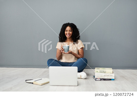 You dont always need a classroom to get qualified. Studio shot of a young woman using a laptop while completing her studies against a gray background. 120072724