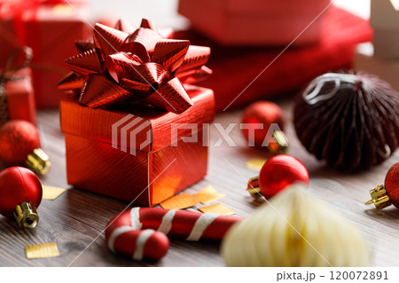assorted gift boxes on wooden background 120072891