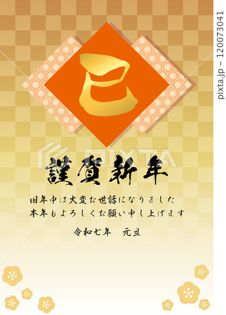 亀甲模様と筆文字「巳」の金色市松模様背景のイラスト（横書き）【年賀状2025テンプレート】 120073041