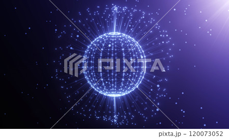 Abstract digital purple blue sphere of lines and glowing particles rotating in empty space. Network connection structure. Futuristic technology background with digital connecting data. Abstract digital purple blue sphere of lines and glowing particles rotating in empty space. Network connection structure. Futuristic technology background with digital connecting data. 120073052
