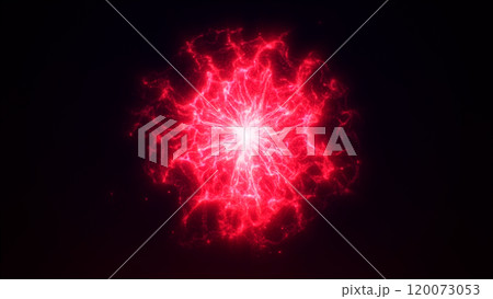 Abstract background glowing flow of red energy from particles and waves. Fantastic shining star, dynamic sphere, a bright source of energy emits light and heat in empty space. Abstract background glowing flow of red energy from particles and waves. Fantastic shining star, dynamic sphere, a bright source of energy emits light and heat in empty space. 120073053