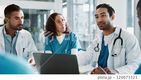 Doctor, team or laptop with discussion in hospital for healthcare treatment innovation or IRB approval report. Diversity, nurse or medical staff in clinic boardroom with technology for patient record Doctor, team or laptop with discussion in hospital for healthcare treatment innovation or IRB approval report. Diversity, nurse or medical staff in clinic boardroom with technology for patient record 120073321