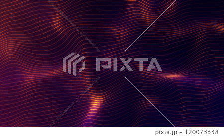 Abstract luxury dark purple gradient dots and lines wave background. Dot pattern with halftone effect. Glowing high tech field concept with shiny particles form lines and surface waves.	 120073338