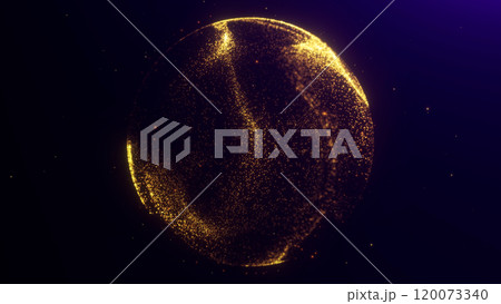 Abstract luxury sphere of golden shiny energy particles rotating in space. Plasma orb of shimmering fractals of magical aura waves. Elegant glowing minimalist dynamic background. 120073340