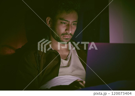 Depression, movie and laptop at night in home with watching, tired and streaming with mental health of jobless man. Sad, fatigue and insomnia with tech and digital addiction in dark living room Depression, movie and laptop at night in home with watching, tired and streaming with mental health of jobless man. Sad, fatigue and insomnia with tech and digital addiction in dark living room 120073404