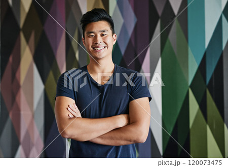 Happy, Asian man and arms crossed on pattern background for creative ideas or textile technician in Japan. Male person, employee and confident on portrait with career growth, opportunity and designer 120073475