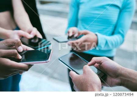 Health, phone and hands of people in city for running app, online syncing and fitness community. Social media, networking and teamwork with friends for communication, sports blog and workout 120073494