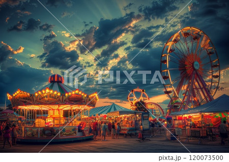 Lunapark with carousel. Fair carnival and attraction. Evening night park festival. Funfair recreation. Abstract neon fairground 120073500