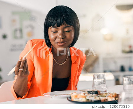 Black woman, sushi and enjoy food in office for lunch, luxury seafood and takeaway meal. Designer, eyes closed and Japanese cuisine at table with chopsticks, high quality catering or business expense Black woman, sushi and enjoy food in office for lunch, luxury seafood and takeaway meal. Designer, eyes closed and Japanese cuisine at table with chopsticks, high quality catering or business expense 120073510