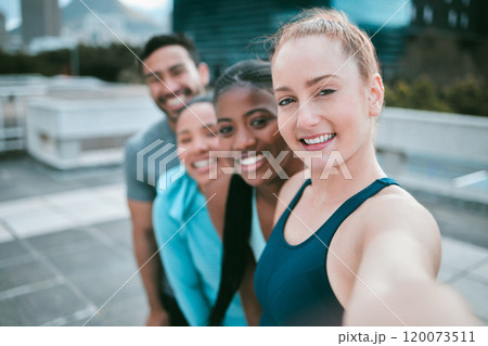 Portrait, fitness and selfie of happy group outdoor for teamwork, exercise and training line. Face, smile and sports friends in picture together for diversity, health blog and people in pov in city 120073511