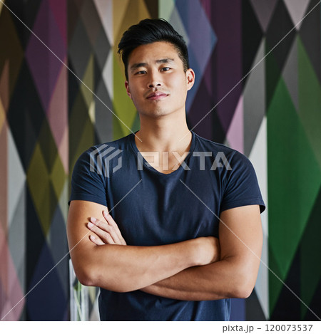Portrait, Asian man and arms crossed on pattern background for creative ideas and textile technician. Male person, employee and confident in Japan with career growth or job opportunity as designer Portrait, Asian man and arms crossed on pattern background for creative ideas and textile technician. Male person, employee and confident in Japan with career growth or job opportunity as designer 120073537
