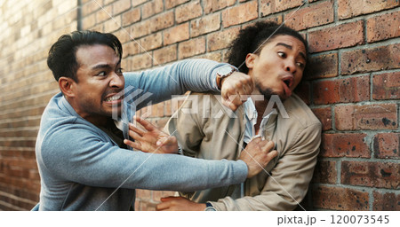 Crime, fighting or threat with men in city for aggressive disagreement, physical harm and violence. Anger, bullying and stress with enemy people outdoor in urban town for frustration or harassment 120073545
